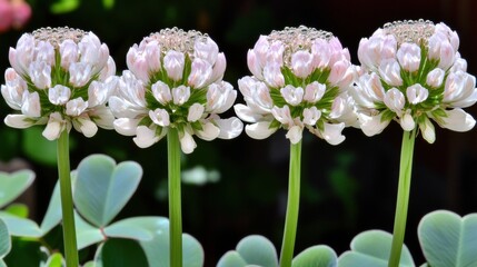 Four Delicate White Clover Flowers with Green Stems and Leaves Against Dark Background