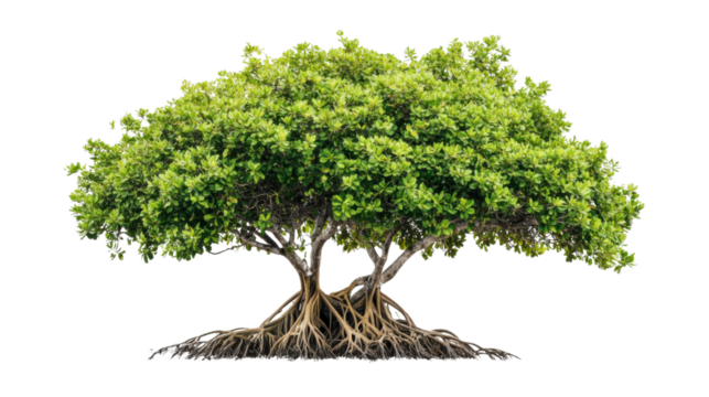 Lush green mangrove tree with exposed roots on transparent background
