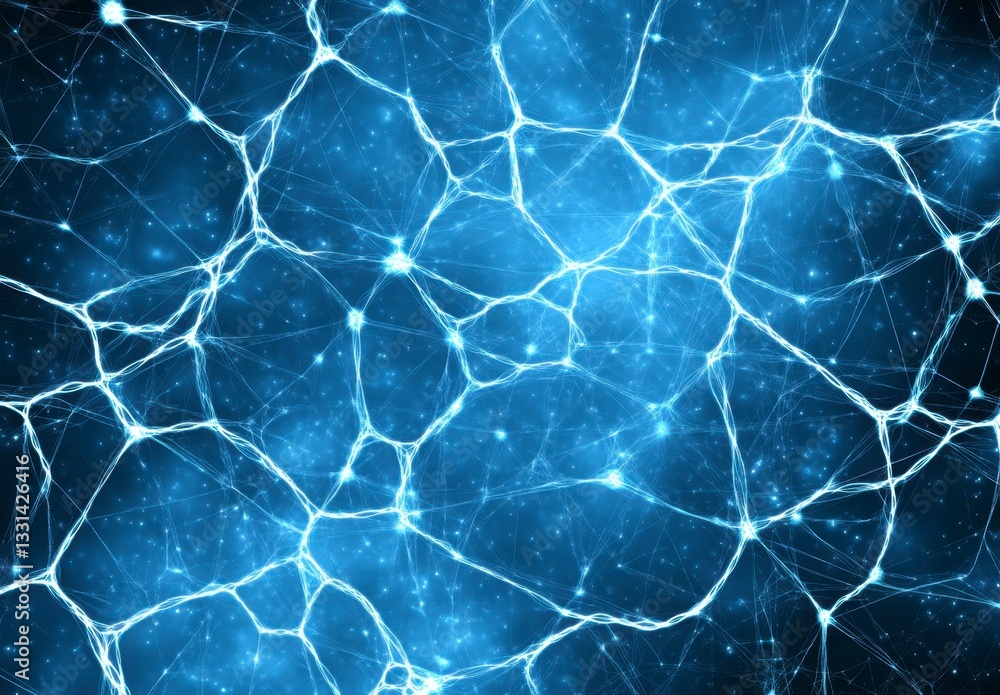 Poster abstract background image featuring a complex network of glowing blue lines resembling neurons or a 