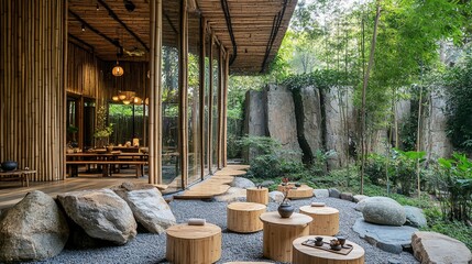 Naklejka premium A modern bamboo building with outdoor garden seating areas