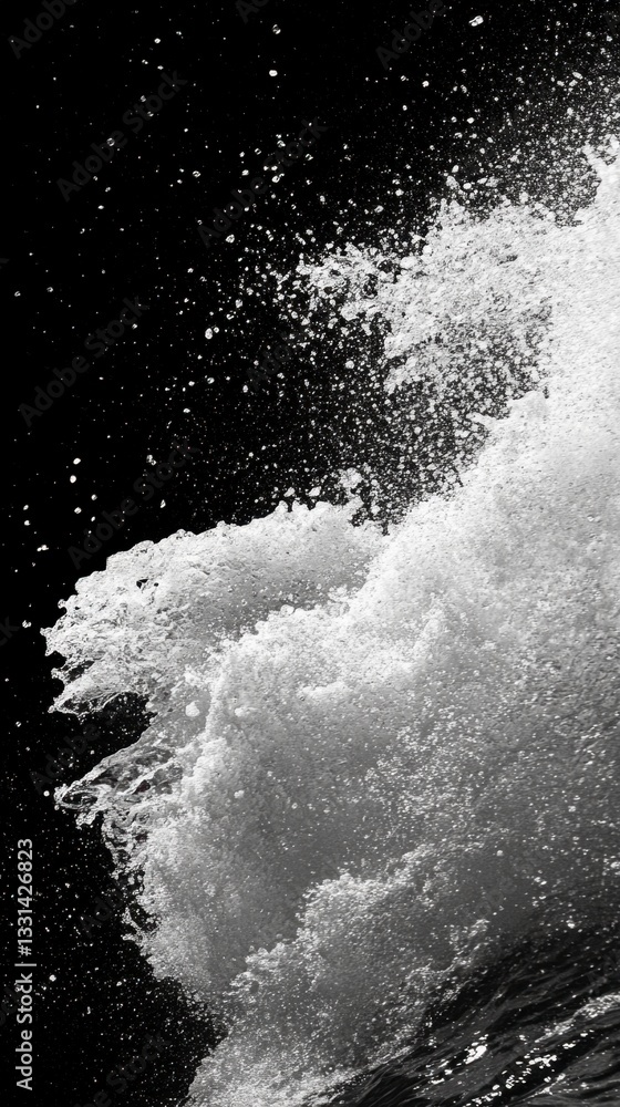Poster abstract grayscale image of a wave crashing, creating a dynamic splash of white and gray against a b