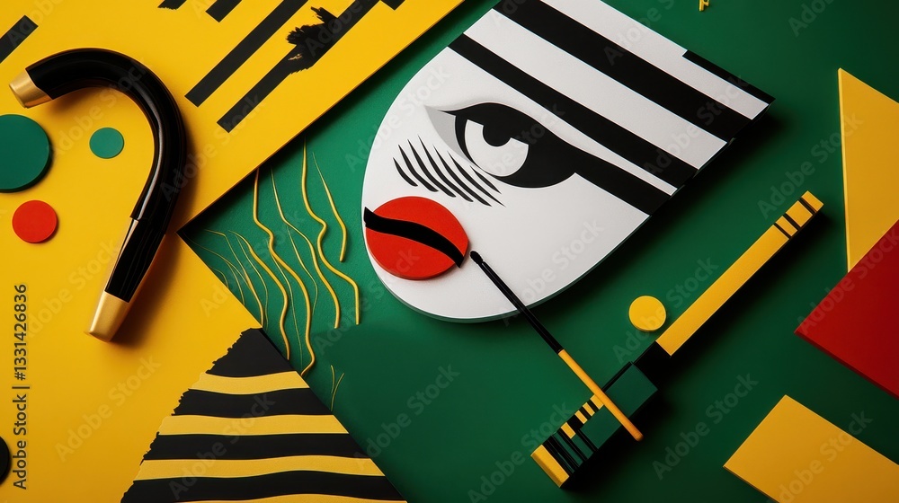 Poster a vibrant image captures a colorful mask adorned with intricate designs resting beside a stylish umb
