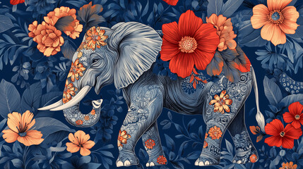 Illustration A beautifully decorated elephant with vibrant Sinhala New Year ornaments, symbolizing tradition, prosperity and cultural heritage in a colorful illustration.