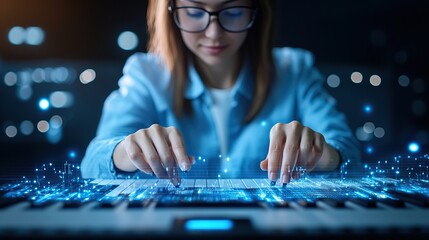 A woman interacts with a futuristic keyboard, surrounded by digital effects in a dark setting.