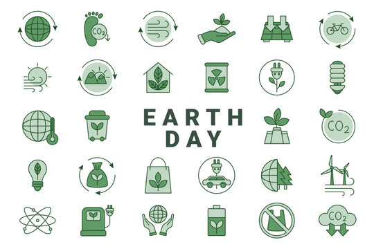 Environment icon. CO2 emission. Earth day. ECO technology. Save nature. Tree leaves and water. Electrical car. Clean globe. Sustainable energy. Green line ecological symbols. Vector garish sign set