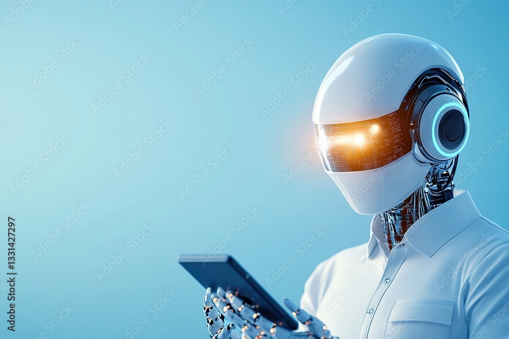 Poster futuristic robot with glowing eyes interacting with a smartphone in a modern setting.