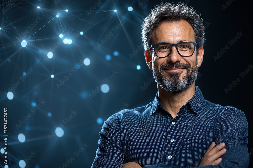 Poster confident man smiling against a blue background with abstract light patterns.