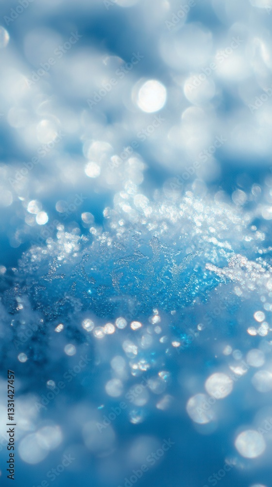 Poster abstract close up of ice crystals with blurred bokeh lights in cool blue tones. sparkling texture wi