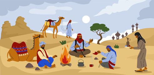Saudi desert campfire landscape. Traditional Bedouins clothes. Summer travel. Arabic caravan camping in nature. Muslim culture on sand dunes. Camel adventure journey. Vector Arab tidy illustration © Natalia