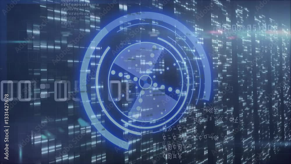 Poster cityscape at night with animation of digital interface and binary code