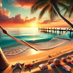 Una scena di vacanza rilassante in spiaggia con soffice sabbia dorata.