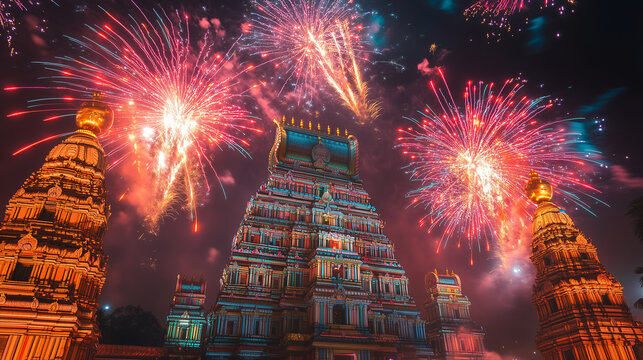 Traditional Tamil New Year night scene with a dazzling temple and fireworks, representing faith, new beginnings, and festive joy.
