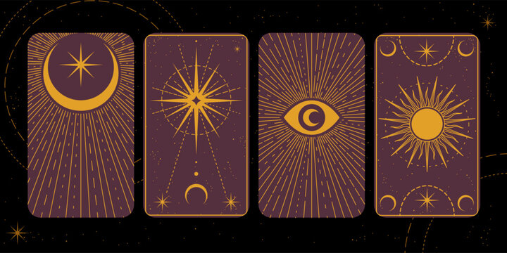 Tarot card cover. Frame with celestial elements, moon and golden stars. Mystic border. Zodiac symbols, golden ornament bohemian poster design. Esoteric cosmic astrology. Vector vintage illustration