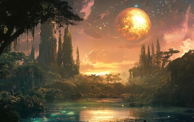 Ethereal fantasy landscape with a fiery planet, gothic castles, lush vegetation, and a tranquil...