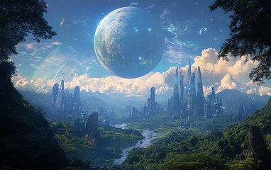 Futuristic city nestled in a lush valley, dominated by a giant, ethereal planet in the sky.  A...
