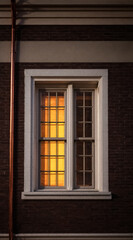 Fototapeta premium illuminated window in a brick wall at sunset