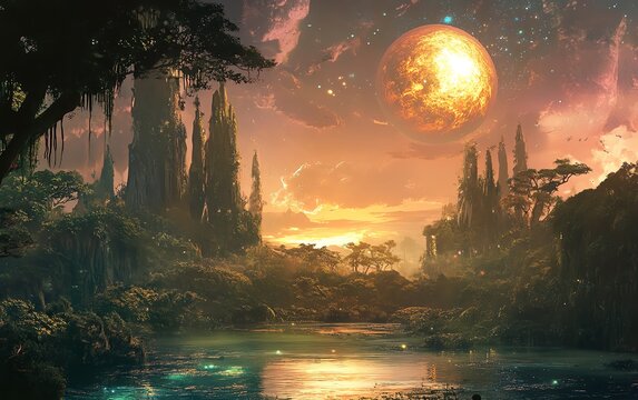 Ethereal fantasy landscape with a fiery planet, gothic castles, lush vegetation, and a tranquil lake.  Perfect for fantasy art, game design, or sci-fi projects.