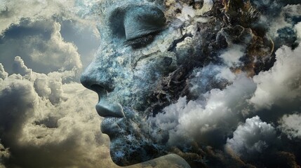 Fototapeta premium Abstract portrait of a woman's face with a dreamy cloudscape background.