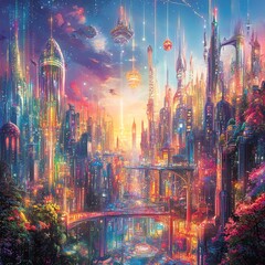 Vibrant, futuristic cityscape at sunset.  A blend of fantasy architecture and advanced technology. Ideal for sci-fi, fantasy, and urban themes.