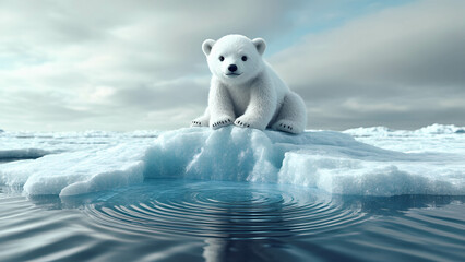 Naklejka premium A powerful 3D concept showing a tiny polar bear sitting on a melting iceberg, emphasizing global warming and climate change