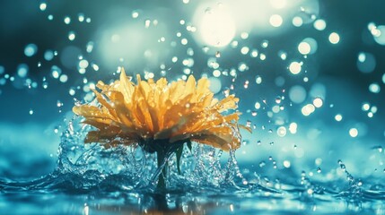 Single yellow flower splashing in blue water with bokeh effect