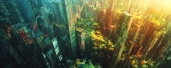 Vibrant, futuristic cityscape with towering buildings and lush greenery.  Aerial view showcasing a blend of nature and technology.