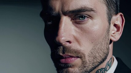 strikingly handsome man with piercing blue eyes, a well-groomed beard, and dark, slicked-back hair. His strong jawline and sharp features are accentuated by the moody, low-key lighting