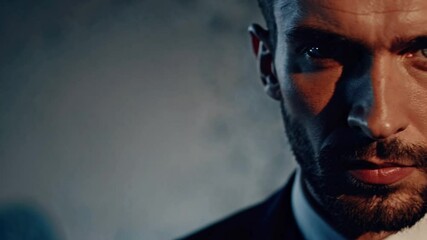 strikingly handsome man with piercing blue eyes, a well-groomed beard, and dark, slicked-back hair. His strong jawline and sharp features are accentuated by the moody, low-key lighting
