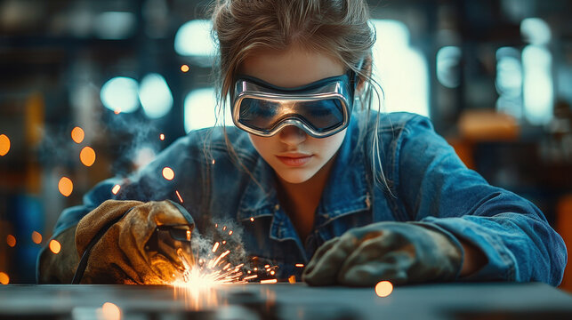 A young woman wearing protective glasses and gloves is working at a machine for metal construction in the industry