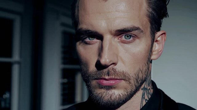 strikingly handsome man with piercing blue eyes, a well-groomed beard, and dark, slicked-back hair. His strong jawline and sharp features are accentuated by the moody, low-key lighting