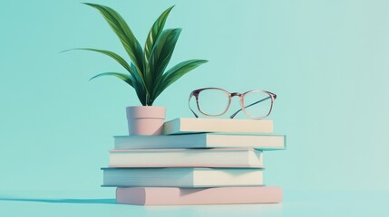 Books, plant, glasses, pastel, study