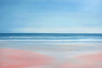 Obraz premium Abstract seascape painting. Soft blues, grays, and pale pink depict a tranquil ocean and beach.