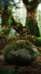 Mossy stone with glowing fungi in a mystical forest with towering trees – Perfect for nature-inspired fantasy scenes, magical realism projects, or ecological awareness campaigns.