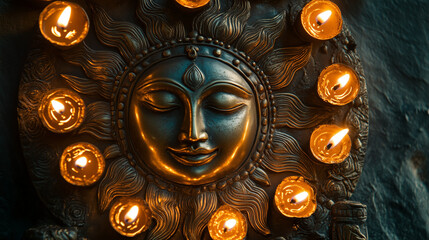 Fototapeta premium Bronze sun face with glowing diyas, symbolizing warmth, prosperity, and spiritual light during Sinhala New Year celebrations. 