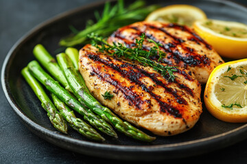 Grilled chicken with asparagus and lemon on a white platter.