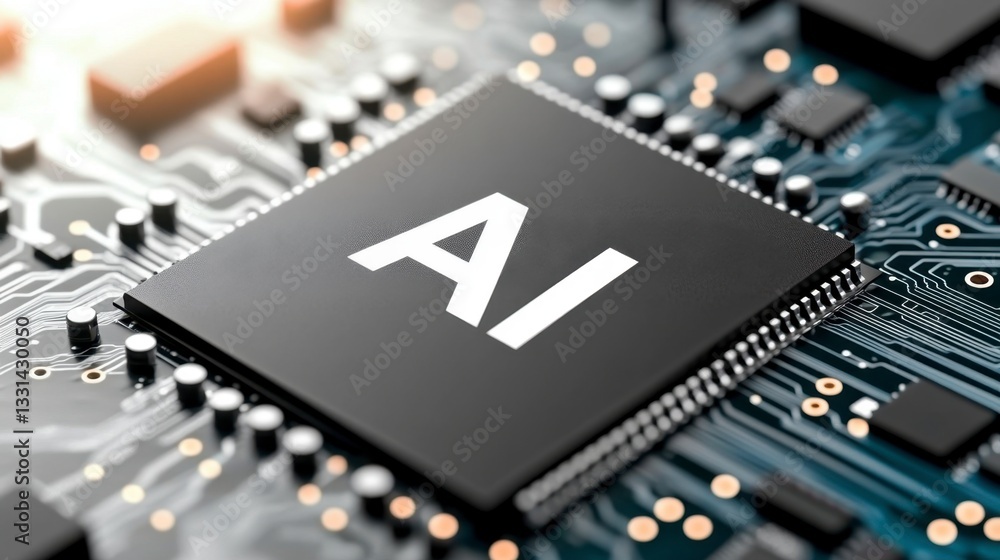 Poster close up of a black ai microchip on a circuit board, with warm lighting and detailed circuitry visib