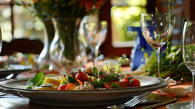 Stilvoll gedeckter Tisch mit leckerem Essen und Weingl&auml;sern