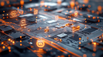 Abstract digital technology background with network connections and icons on the table