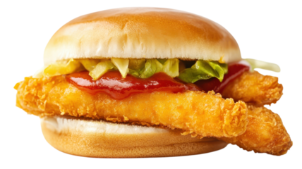 Crispy fish sandwich served with fresh toppings and sauces at a casual fast food restaurant