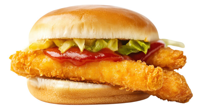 Crispy fish sandwich served with fresh toppings and sauces at a casual fast food restaurant