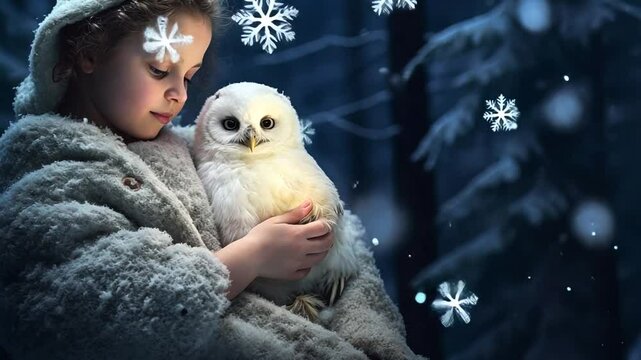 M&auml;dchen h&auml;lt eine kleine wei&szlig;e Eule im Schnee