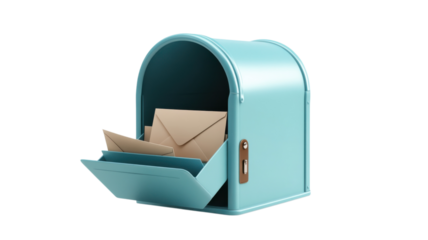 Bright blue mailbox with envelopes inside, showcasing modern design and convenient accessibility for everyday mail collection and delivery needs