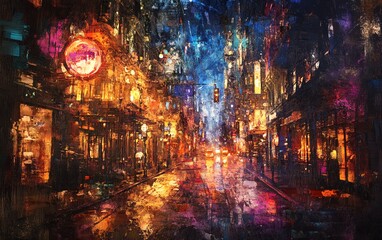 Vibrant, impressionistic painting of a rain-slicked city street at night, glowing with warm and cool light.  Rich colors and textures.
