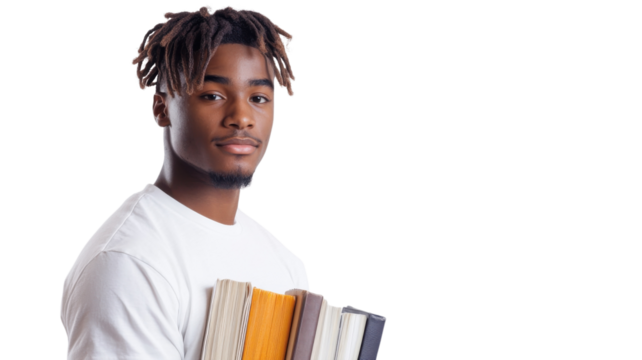 Young man confidently holds a stack of colorful books against a neutral background, showcasing a love for learning and education