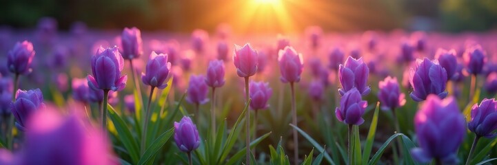Obraz premium Field of purple muscari flowers with dew drops at sunrise, sunrise, field, nature