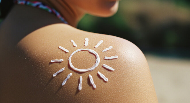 there is sunscreen on the girl's shoulder in the shape of a sunshine