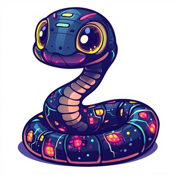 A cartoon sticker logo of a robotic snake with electric patterns