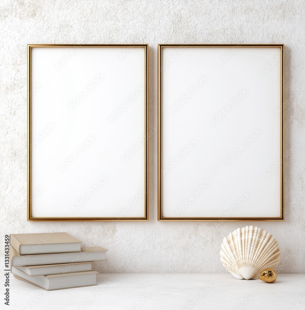 Poster two blank vertical canvases in gold frames on a textured white wall, accompanied by a stack of books