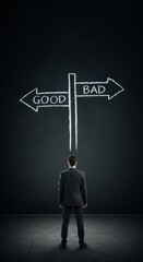 Man contemplating a decision between "Good" and "Bad" directions. Good choice and bad choice concept.