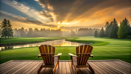 Serene sunrise over a tranquil golf course scene with wooden Adirondack chairs on a deck overlooking a peaceful lake and lush green fairways.
